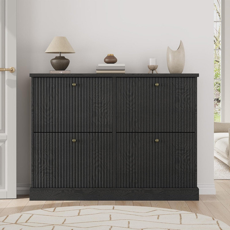 Fluted Shoe Cabinet with 4 Flip Drawers, Narrow Wooden Shoe Organizer with Adjustable Shelves for Entryway, Black