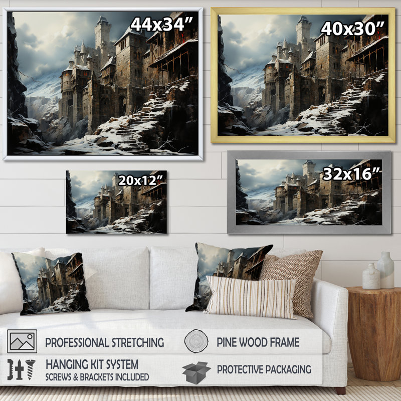 Mediaval château en hiver charme IV - Châteaux, art mural, Cadre flottant doré, H 16 po x l 32 po x P 1 po