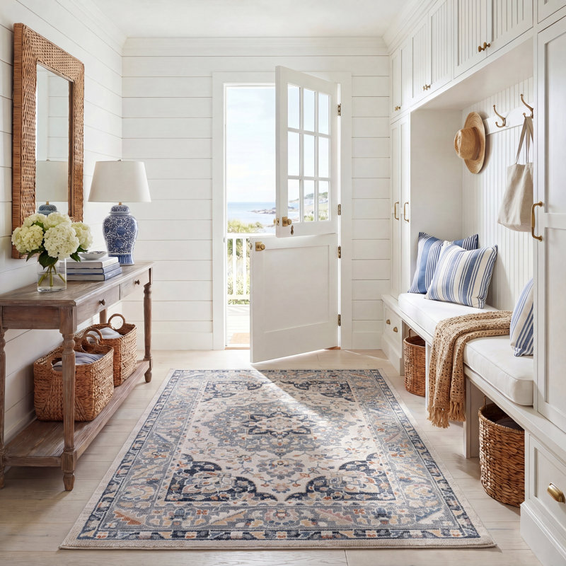 Hults Washable 204 Area Rug in Beige/Gray/Navy, Rectangle 5'3" x 7'6"