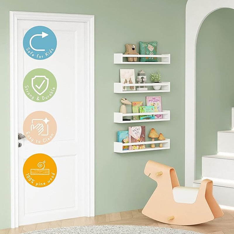 Forbena 24 Inch Wall Bookshelf For Kids Bedroom Set Of 4, White Floating Nursery Book Shelves For Baby Toddler Children Girls Boys Room Decor, Large Wood Wall Mount Bookshelves And Toy Storage