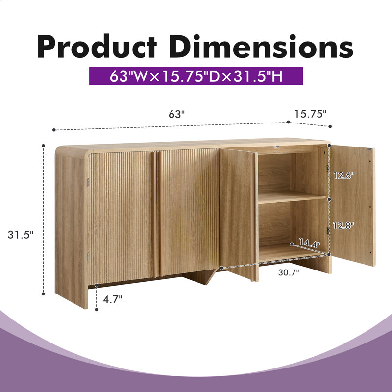 Dulane 63" Modern 4-Door Sideboard With Rounded Edges And Pine Handles, Natural, Natural