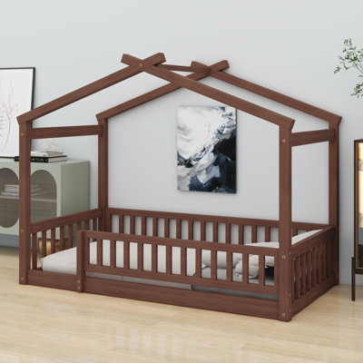 Wood House Bed Frame with Safety Fence Design