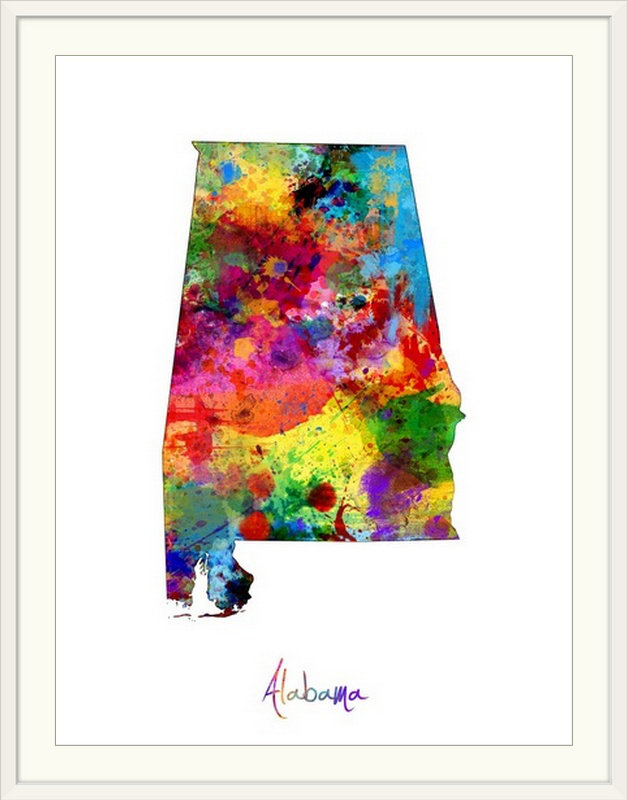 Francy «Alabama Map» par Abarca, impression, l 44 po x P 35 po x H 1 po, Cadre blanc