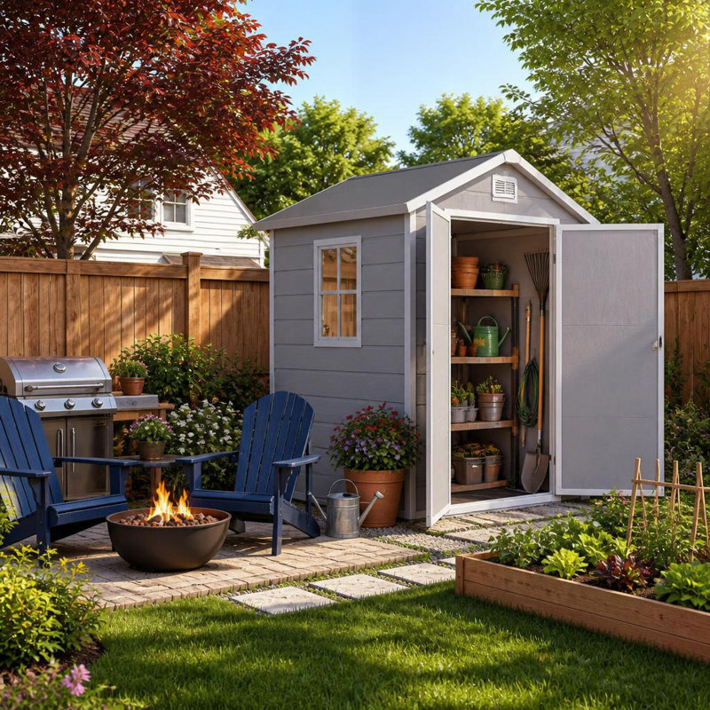 6x4FT Plastic Resin Storage Shed with Floor, Lockable Door and Window Panel, Light Gray