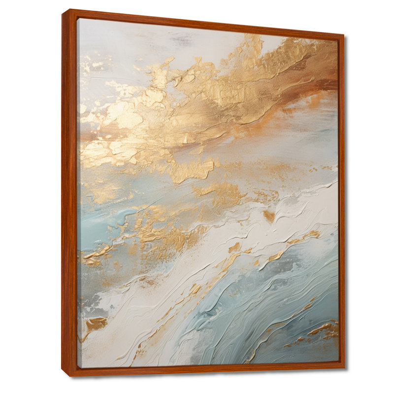«Golden and Blue Beach Tranquility IV - Coastal Beach», art mural encadré, 32" H x 16" W, Cadre flottant brun