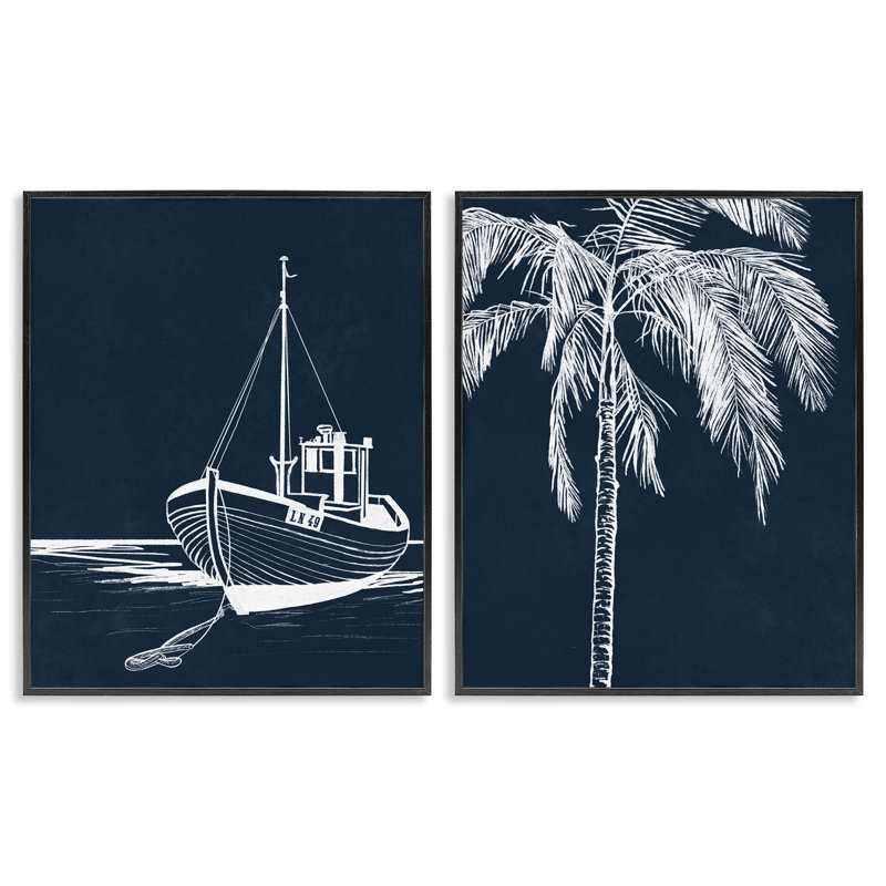 «Blue Boat & Palm», ensemble de 2 giclées encadrées par Leah Noel Art, Giclée encadrée noir minuit, H 14 po x l 11 po
