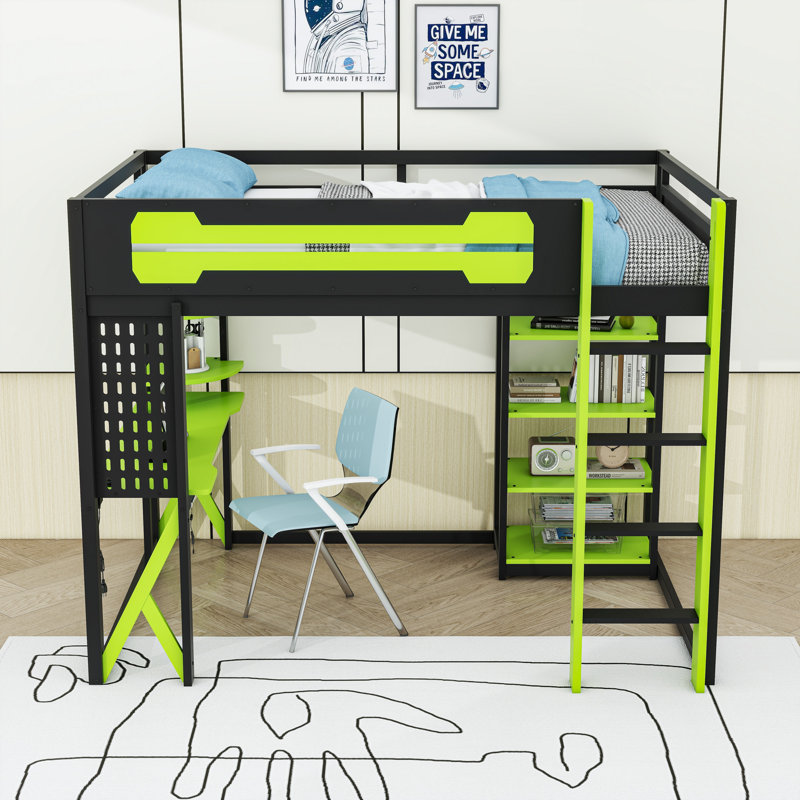Full Size Wooden Loft Bed with Integrated Desk, RGB Lighting and Storage Shelves, Black/Green