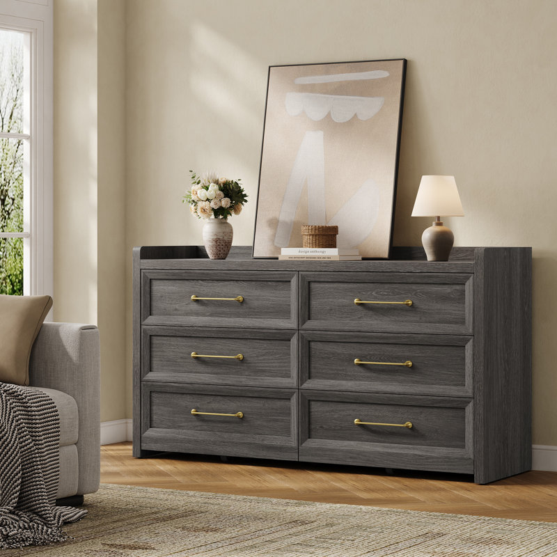 Commode double 6 tiroirs l 56,4 po avec poignées en métal doré, Chêne gris foncé