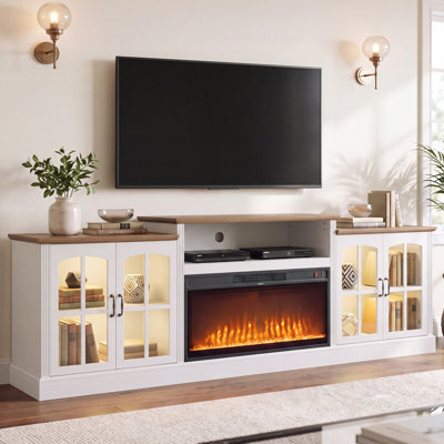 Meuble télé de style ferme de 98 pouces avec foyer, compatible avec les téléviseurs jusqu'à 100 pouces, centre multimédia avec étagères réglables et grandes armoires de rangement, pour salon, Crysta, blanc