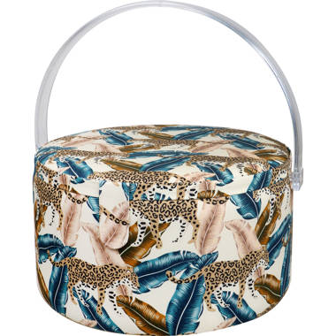 Singer Large Premium Round Basket Pastel Palm Leaf Print with Emergency Travel Sewing Kit & Matching Zipper Pouch