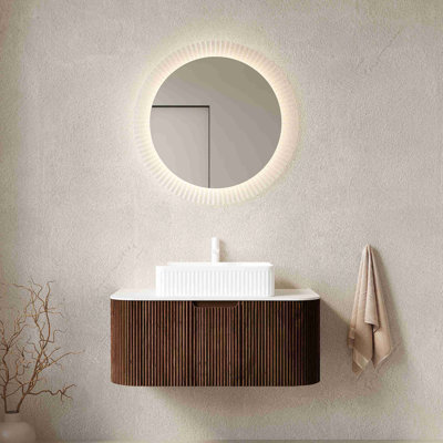 Meuble-lavabo de salle de bain, armoire de rangement à contreplaqué à bordures flottantes rayées avec tiroir, cuve en céramique rectangulaire et plateau en pierre frittée de Carrare, pré-assemblé