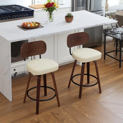 Swivel Bar Stools Set Of 2, 26 Inches, Beige Upholstered Faux Leather, Walnut Back With Bentwood Legs, Mid-century Modern Kitchen Counter Island Stools