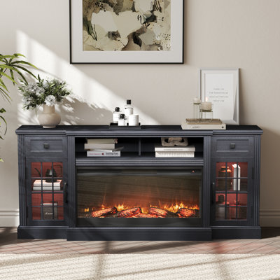 Farmhouse  Fireplace Tv Stand  For Tvs Up To 80" With 36" Electric Fireplace, Large Highboy Entertainment Center With Led Lights, Glass Door Cabinet & by Gracie Oaks