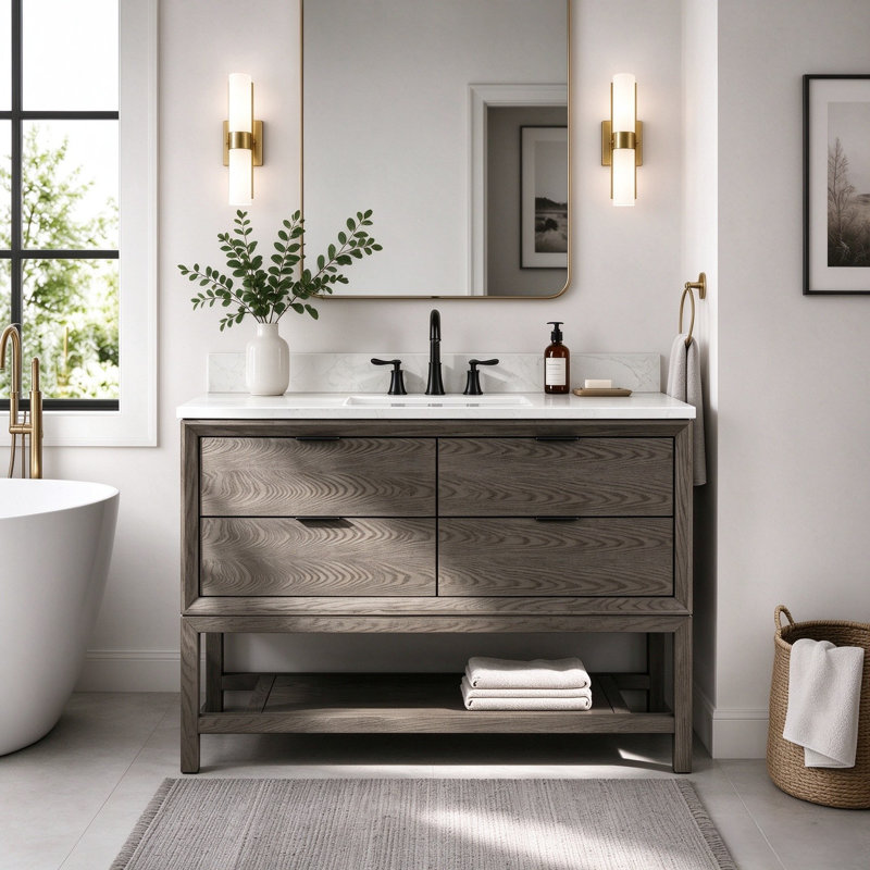 48" Freestanding Single Sink Solid Wood Gray Oak Bathroom Vanity with Engineered Marble Top, Gray Oak