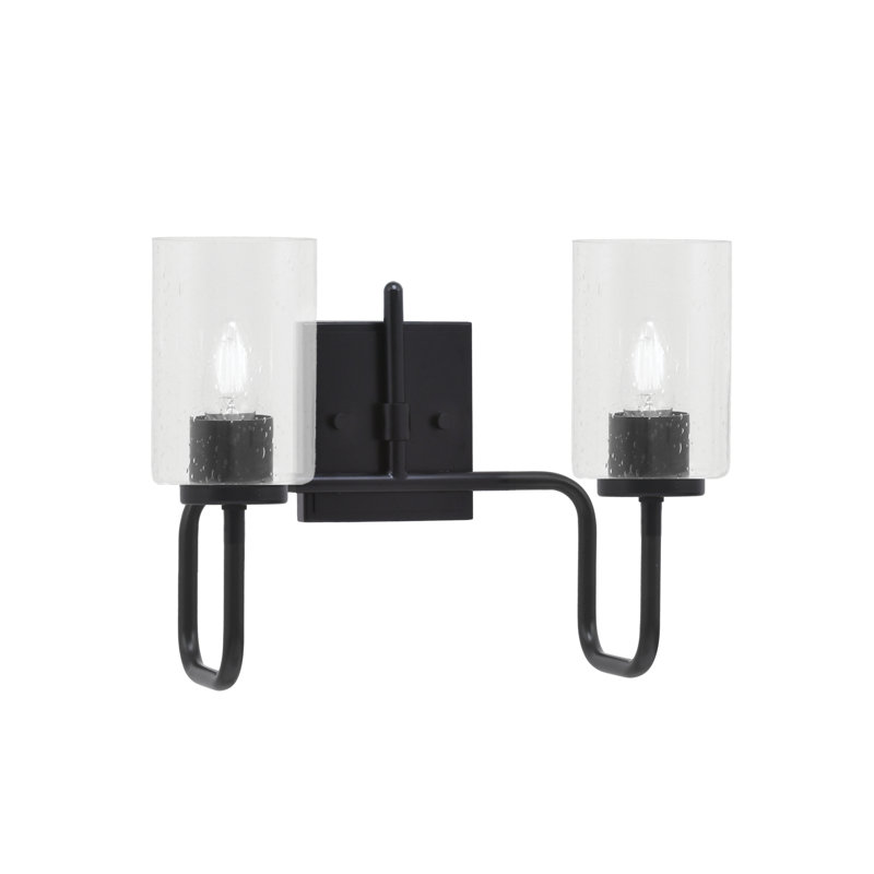 Barre d'éclairage de salle de bain 2 lumières Amarmula, finition noir mat, verre à bulles transparent 4 po, Clair, Noir