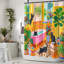 Mignon chat, rideau de douche à motif d'illustrations de dopamine, décor de salle de bain à motif de plantes tropicales noires et mates, 72 po x 72 po