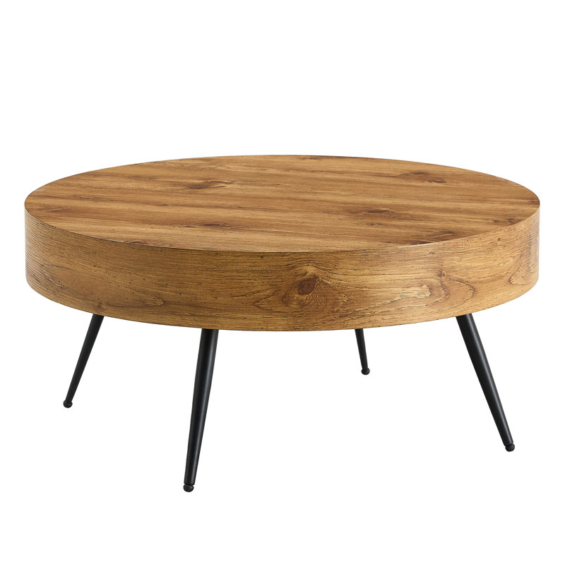 31.5" Round Mid-Century Modern Coffee Table with Natural Wood Top & Black Metal Hairpin Legs, Brown