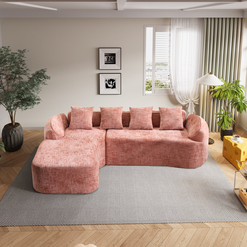 Canapé modulaire en forme de L sans accoudoirs en chenille avec accoudoirs courbés et 4 coussins en chenille, Chenille rose
