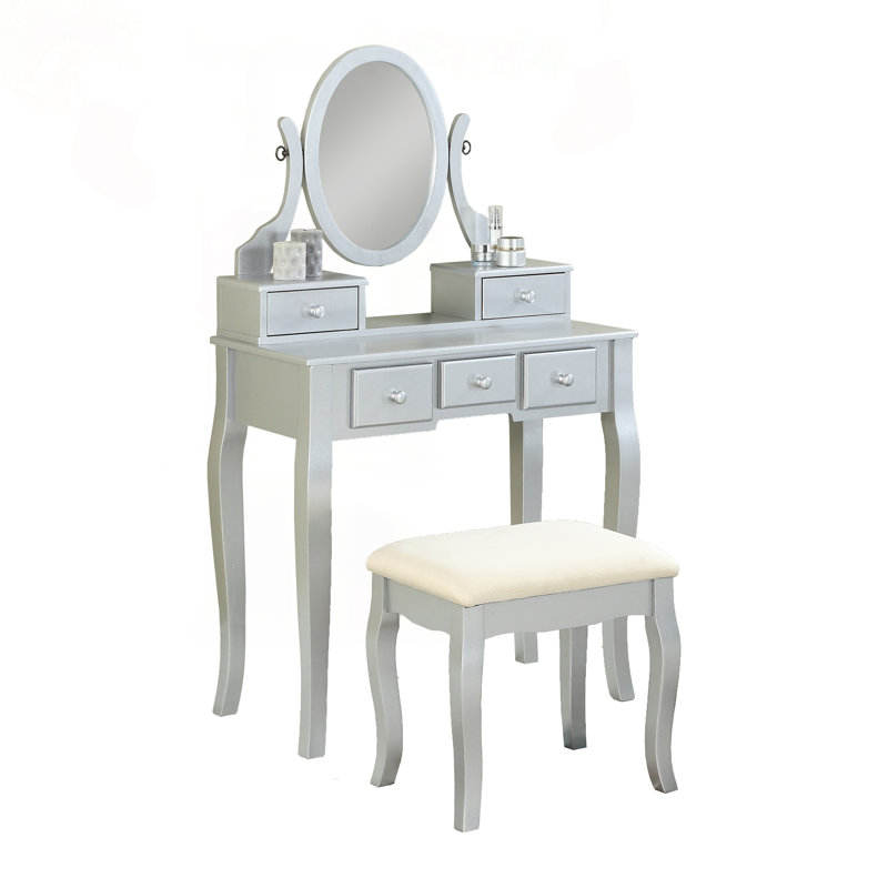 Ensemble de coiffeuse spacieux avec miroirs pivotants et 5 tiroirs de rangement, Silver