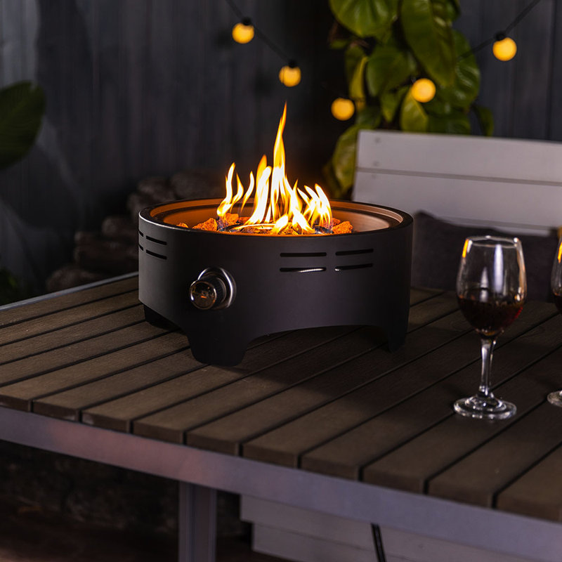 Shameel 6.7" H x 15" W Propane Tabletop Fire Pit with Lid as Lockable Handle for Portable Camping