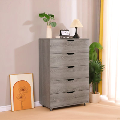 Grey  5-Drawer Dresser With Wheels – Modern Storage Cabinet