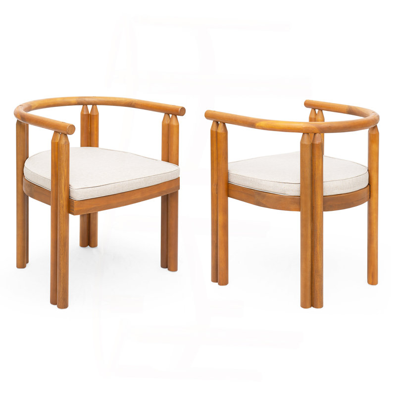 Cove Acacia Wood Armrest Dining Chair, Teak Finish With Beige Cushion, Set Of 2