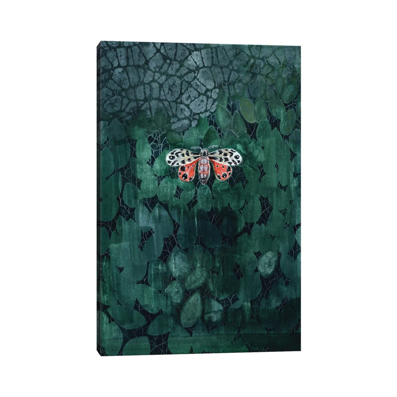Moth On Leaves by Miri Eshet - Painting on Canvas, 30.48 cm H x 45.72 cm W, Wrapped Canvas