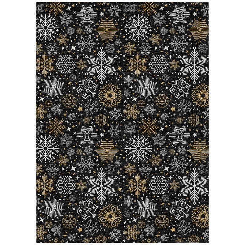 Tapis extérieur lavable flocon de neige noir et or 3 pi x 5 pi