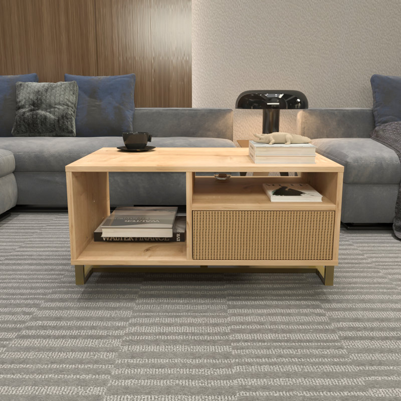 Medon Coffee Table, Sapphire Oak Top/Rattan Pattern Cabinet