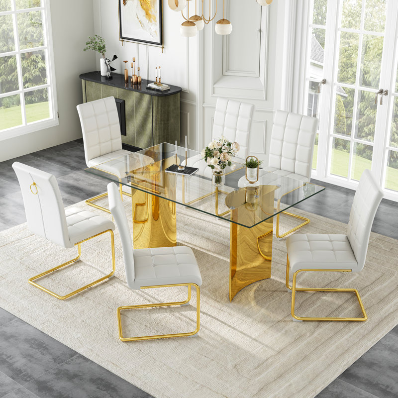 Modern Glass Dining Table Set, 63" Tempered Glass Top With PU Leather Upholstered Cantilever Chairs And Backrest Pull Ring