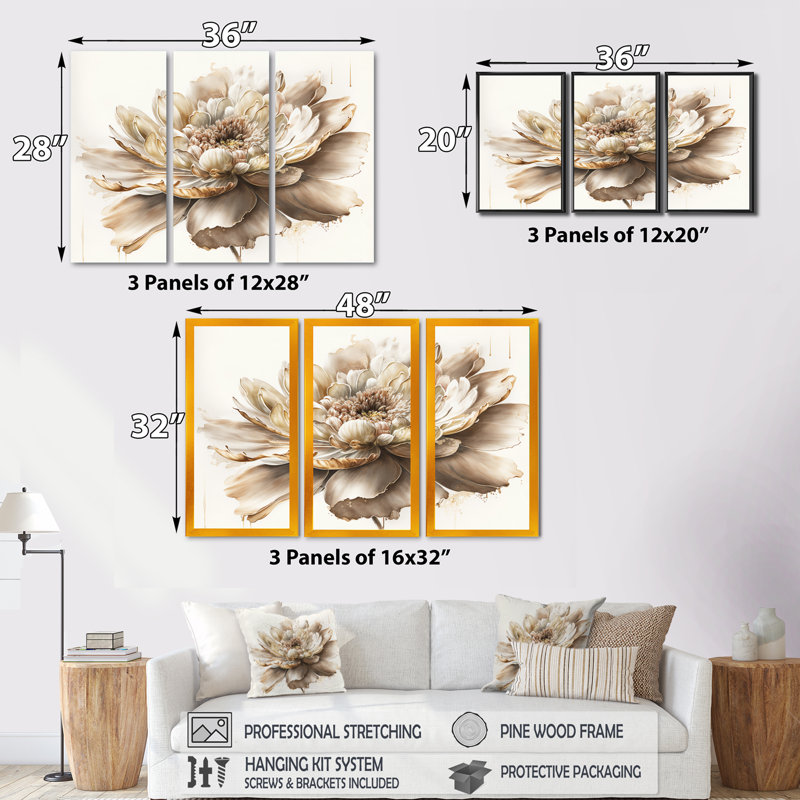 Ensemble de 3 pièces florales à motif de fleurs beiges - Beige, H 28 po x l 36 po x P 1 po