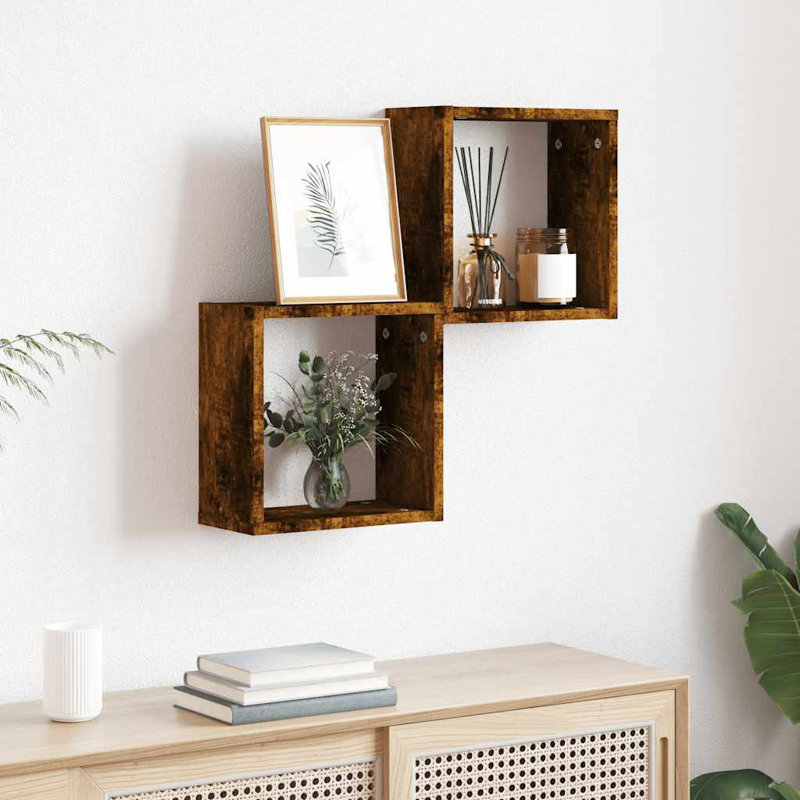 Wall Cube Shelves 2 Pcs, 30cm H x 30cm W x 15cm D, Smoked Oak