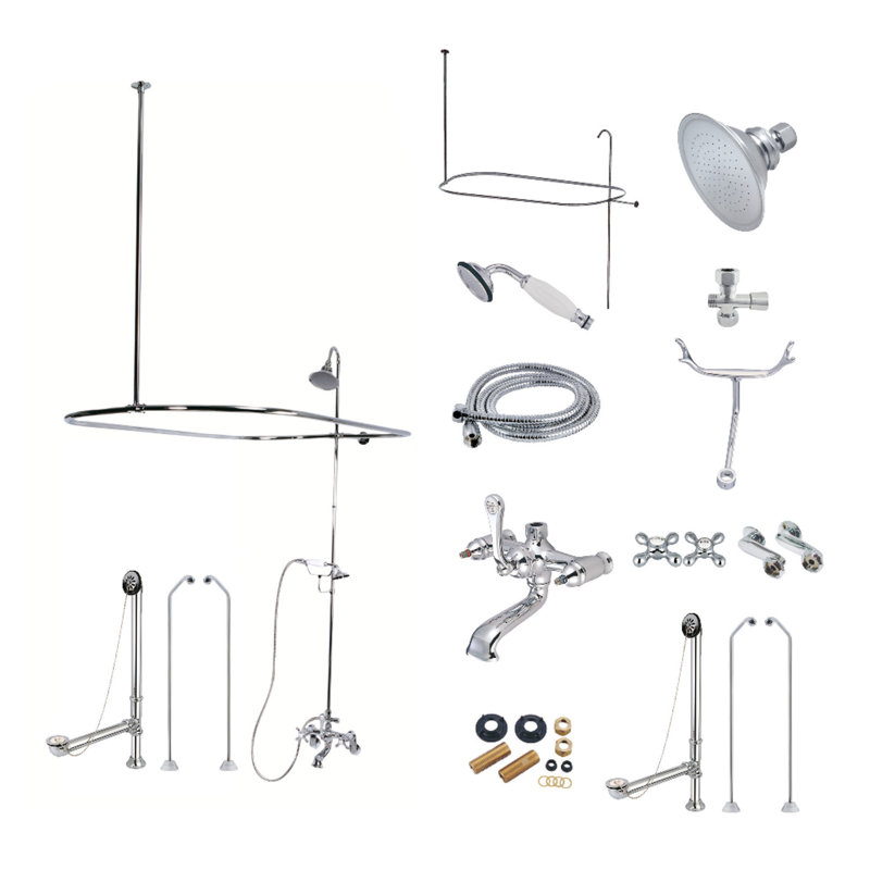 Kingston Brass Vintage Three-Handle 2-Hole Tub Wall Mount Clawfoot Tub Faucet Package with Shower Enclosure and Hand Shower