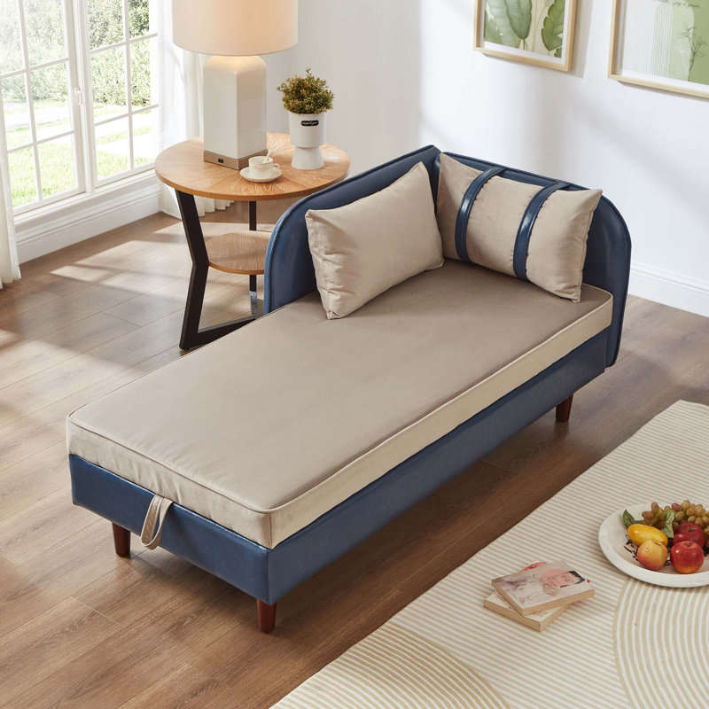 Canapé de rangement avec méridienne de rangement en polyuréthane et velours, Bleu/Gris