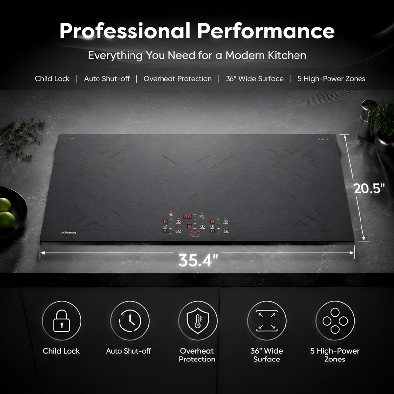 Plaque de cuisson à induction intégrée 36 po Pro Series avec zone Flex, Power Boost et conception en vitrocéramique noire ultra-mince sans cadre EuroKera