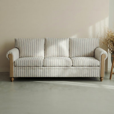 Coastal Style Blue And White Striped 3-seater Sofa With Roll Arms And Detachable Cushions