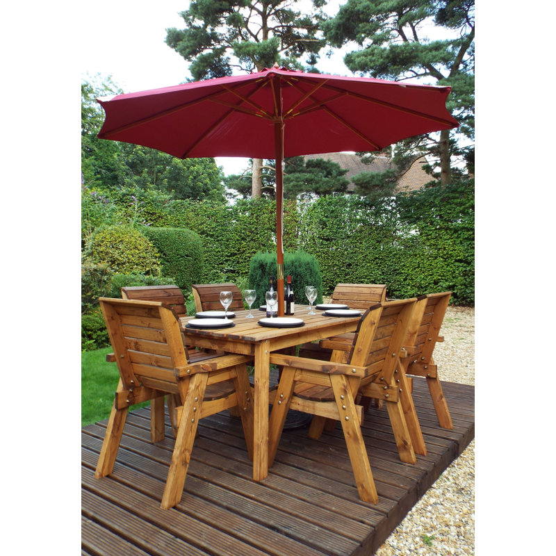 Faulkner 6 - Person Wood Patio Dining Set with Rectangular Table , Cushions Included, Burgundy