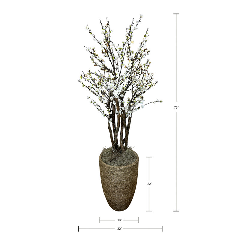 White Cherry Blossom Tree in Tan Pot, 73" H x 32" W x 32" D