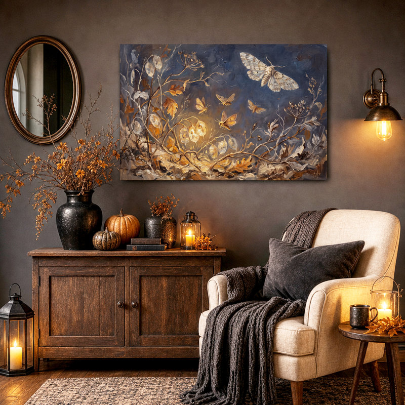 «Moths Flying Near Glowing Seed Pods on Dark Blue», art mural sur toile, H 28 po x l 40 po