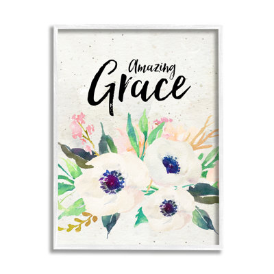 «Amazing Grace Calligraphy White Flower Blossom Bot», impression sur cadre en panneau de fibres à densité moyenne
