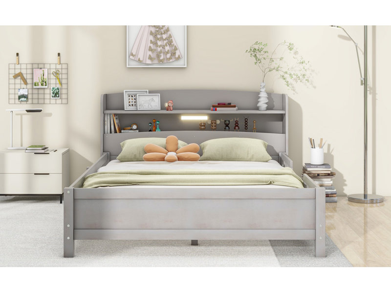 Lit plateforme en bois avec éclairage à DEL intégré, tête de lit avec rangement et garde-corps, Gris antique, Double