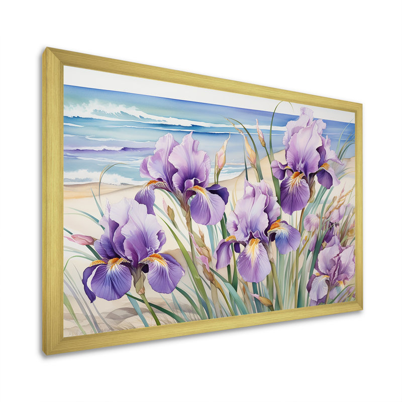 Iris mauves sur la plage sur toile, H 30 po x l 40 po x P 1,5 po, Cadre doré simple