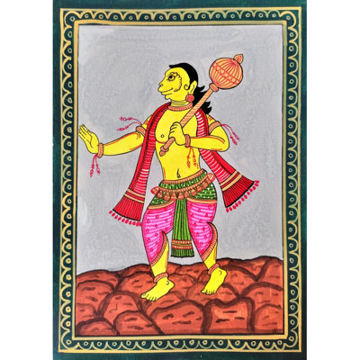 «Lord Hanuman Pattachitra», peinture sur papier - Art populaire traditionnel indien, jaune vif, 8 po x 6 po par Gaurav Rajput