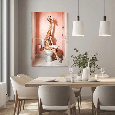2D Flat, 1Pc Framed Canvas Wall Art, Giraffe Toileting, Bathroom Reading, Surrealism Style Art Print Canvas Poster Painting Room Wall Decor, Ideal Gif