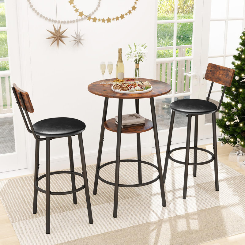 3 Pieces Round Bar Table With 2 Upholstered Stools Set, For Kitchen, Dining Room & Bistro, Grey, Black;Brown