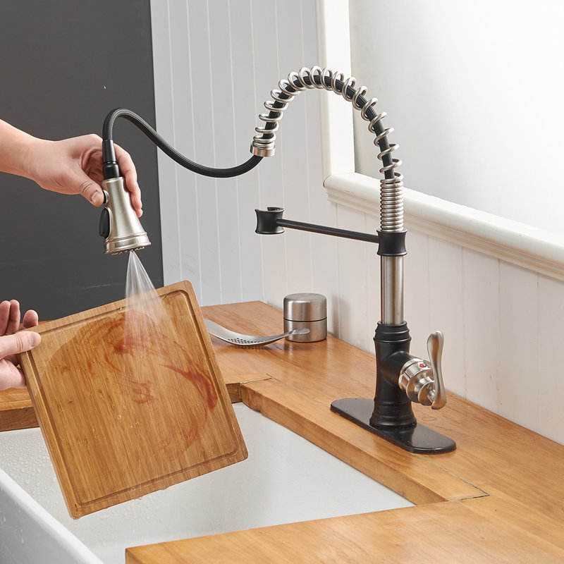 Single Handle Pull Down Sprayer Kitchen Faucet With Advanced Spray, Pull Out Spray With Deck Plate In, Brushed Nickel/Black