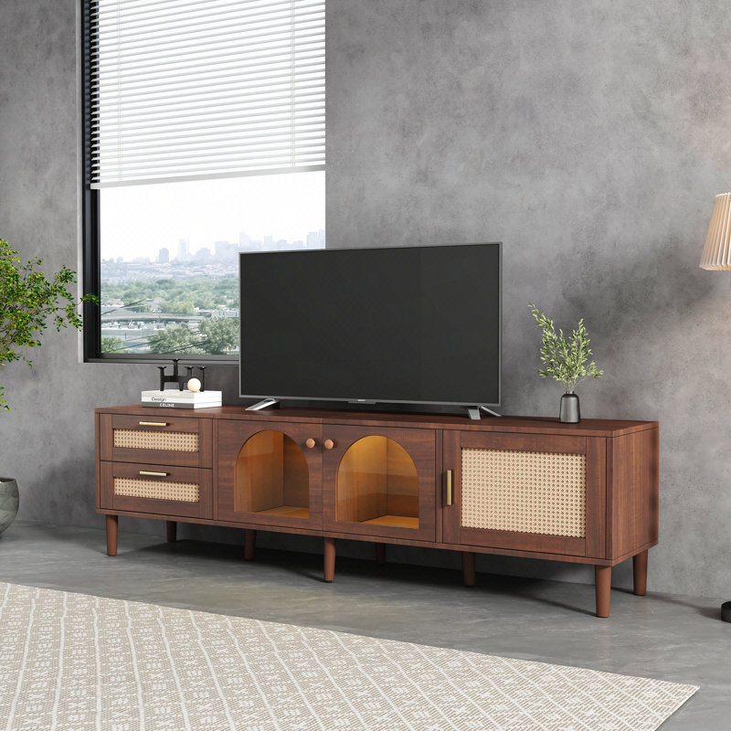 Rattan TV Stand With 3 Cabinets & 2 Drawers, LED Light Entertainment Center For Tvs Up To 80 Inches, Modern And Durable Media Console
