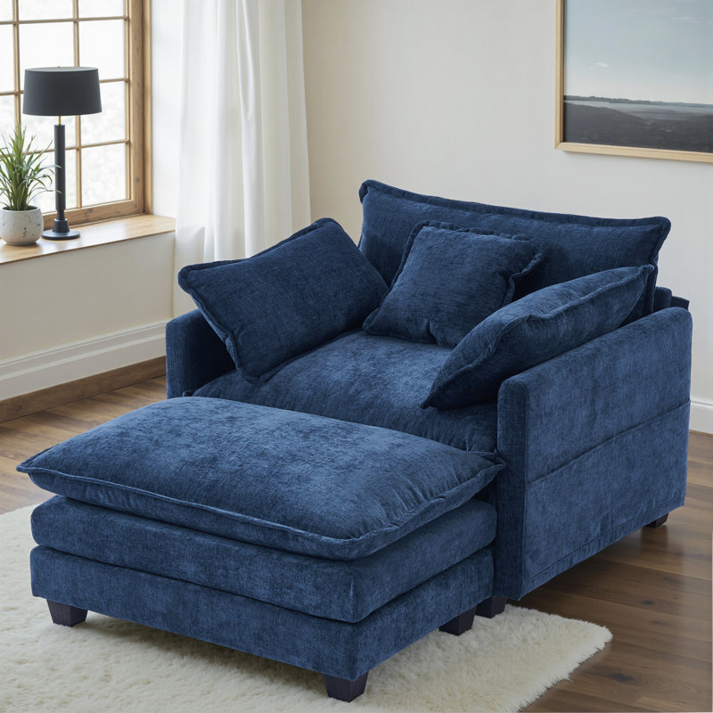Chaise Lounge Chair Indoor with Ottoman, Oversized Chenille Lounge Sofa Chair, Comfy Reading Chair with Double-sided Armrest and Lumbar Support for Bedroom, Living Room, Office