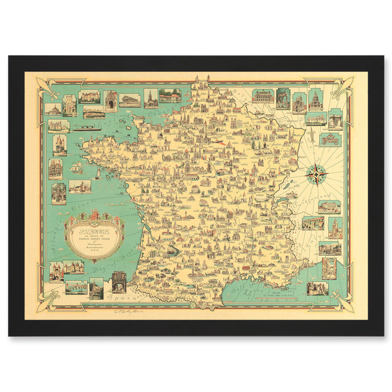 Chase 1935 Pictorial Map France Historic Monuments Buildings - Single Picture Frame Print, 45.46cm H x 33cm W