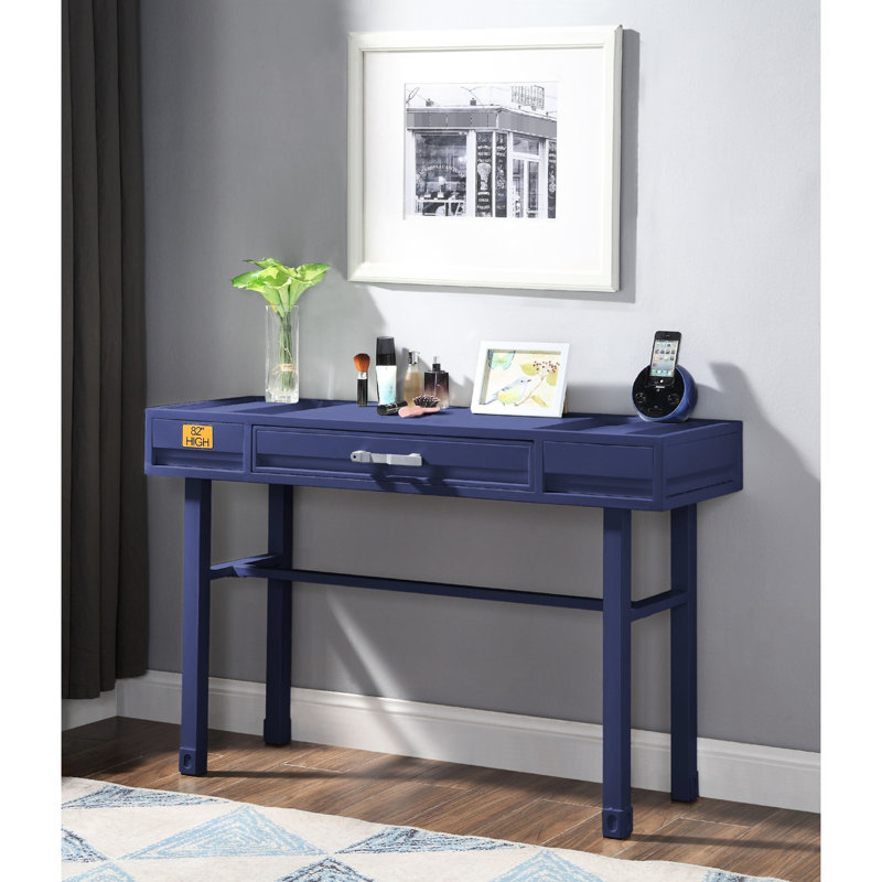 One Drawer Blue Metal Vanity Desk With Straight Legs, Recessed Panels, Bearing 3/4 Ext., Fully Finished Inside Frame, 40 X 40Mm Iron Plate Top, Side Glide Stop
